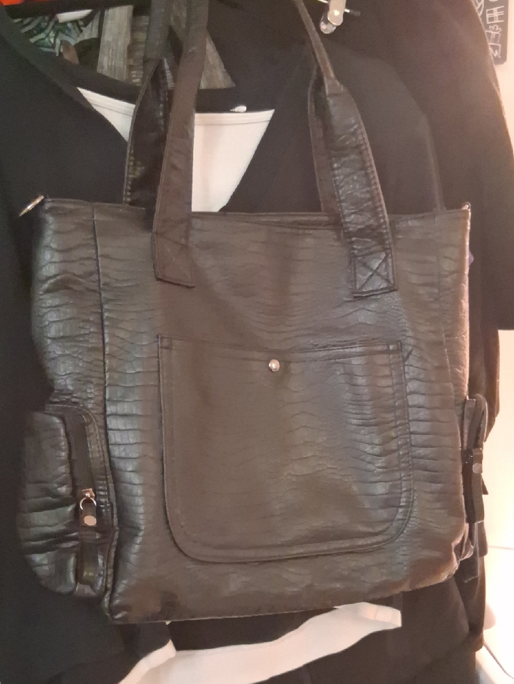 Black Croc-Embossed Leather Tote Bag